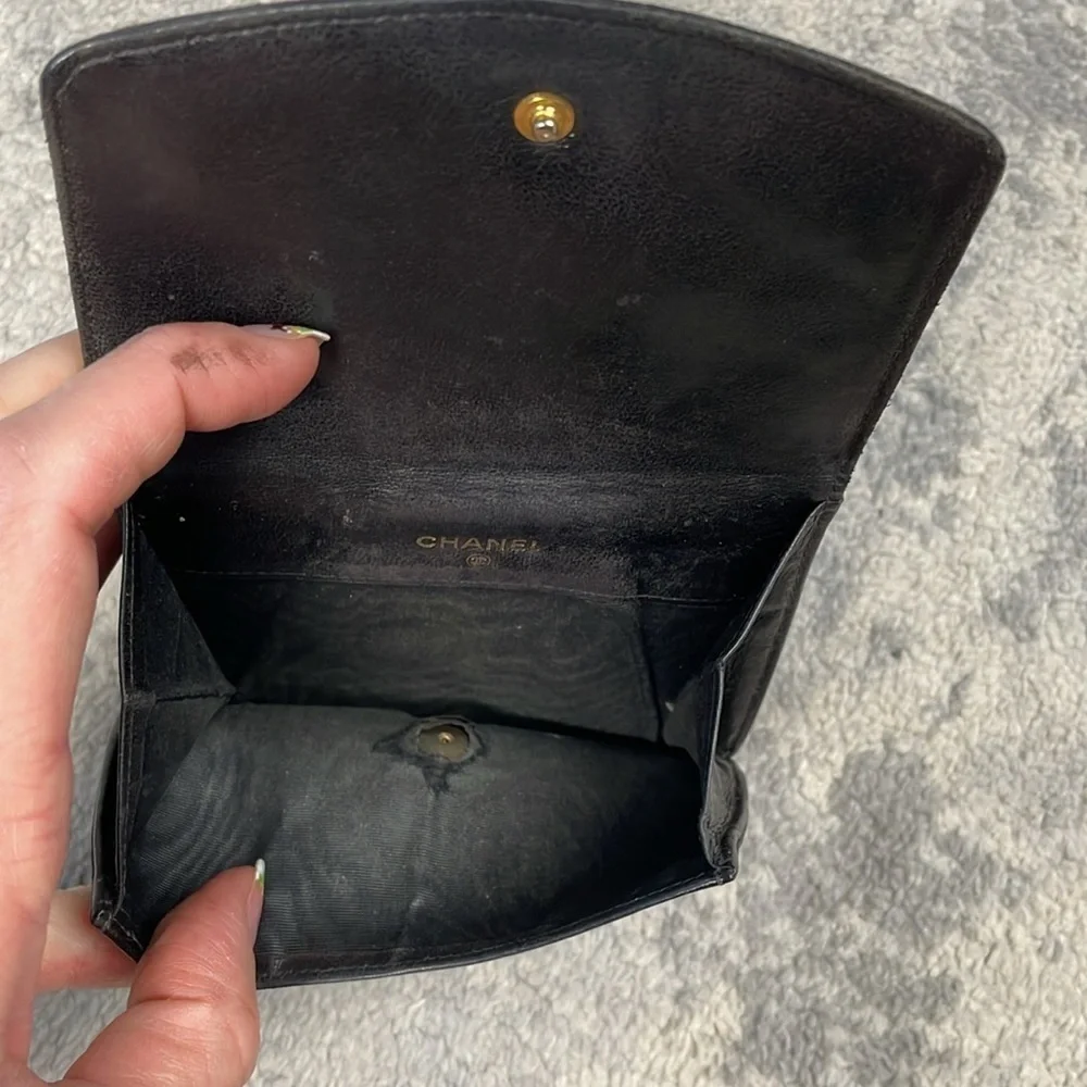 Chanel Black Leather Compact Double Snap Wallet Interlocking CC